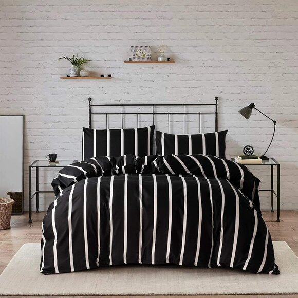 Black and White Striped Comforter Microfiber Queen  Set - Picture 1 of 9